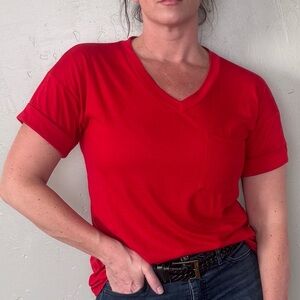 Miholl Bold Red V-Neck Women's Short Sleeve T-Shirt with Pocket